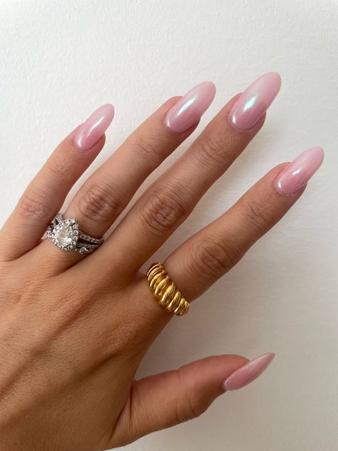 opal pink nails/ luxury rings Pink Opal Nails Acrylic, Light Pink Nails Pearl, Opal Pearl Nails, Light Pink Opal Nails, Light Pink Velvet Nails, Irredescent Pink Nails, Opal Pink Nails, Baby Pink Pearl Nails, Milky Pink Nails Acrylic Almond