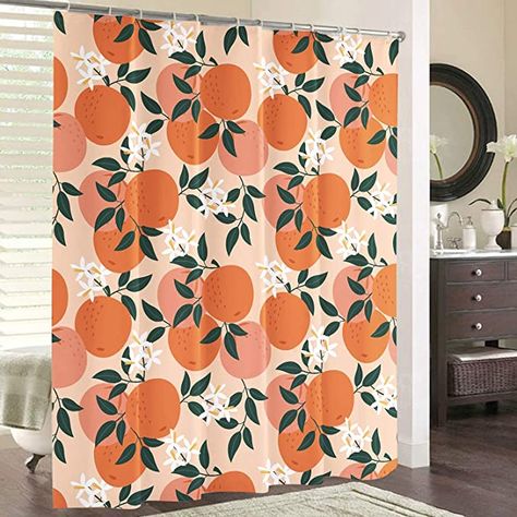 Peach Shower Curtain, Shower Pole, Orange Shower Curtain, Orange Bathrooms, Shower Curtain Sizes, Pink Fruit, Aesthetic Bathroom, Bathroom Curtain, Summer Fresh