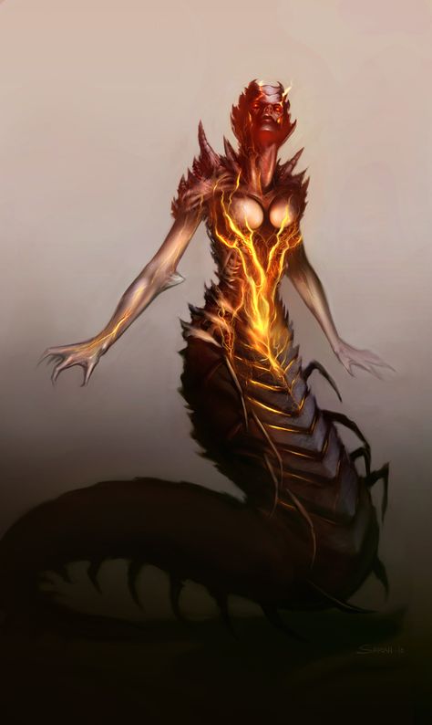 Centipede woman Centipede Woman, Fantasy Races Ideas, Overlord Oc, Bug Character, Villain Inspiration, Tomb Of Annihilation, Dark Demon, Designing Characters, World Serpent