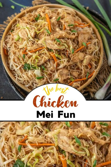 Chicken Mei Fun Noodles is an Asian stir-fry made with rice noodles, sauces, veggies, and boneless chicken. Make it using my easy recipe. Chicken Mei Fun Recipe, Chicken Mei Fun, Mei Fun Recipe, Mei Fun Noodles, Chicken Fried Noodles, Mei Fun, Recipes Using Rice, Rice Noodles Stir Fry, Fried Rice Noodles