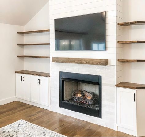 Mudroom In Kitchen Ideas, Green Fireplace With Built Ins, Built In Media Center With Fireplace, Living Room With Shiplap Fireplace, Fireplace Bump Out With Built Ins, Built In Shelves With Fireplace And Tv, Shiplap Gas Fireplace Wall With Tv, Fireplace On Vaulted Wall, Diy Fireplace And Shelves