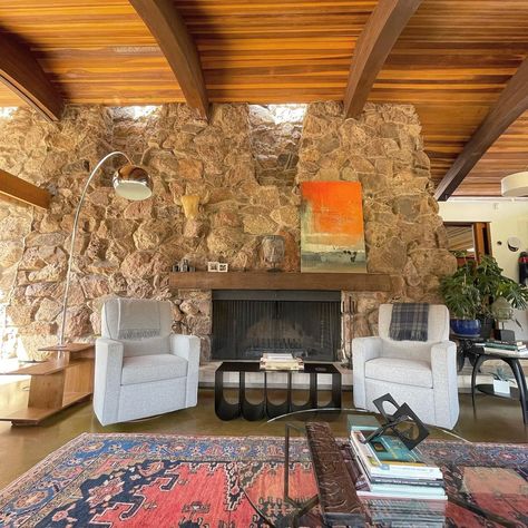 70s Stone Fireplace, 70s Fireplace, Dramatic Powder Room, Living Room And Family Room, Mcm Living Room, Stacked Stone Walls, Tv Mounted, Stone Walls Interior, Mcm House