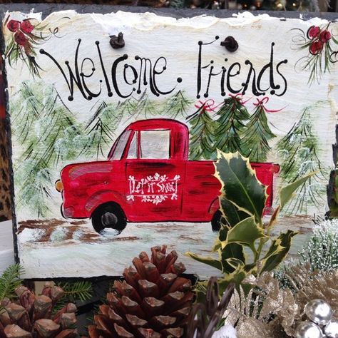 Painted Slate Sign, Welcome Slate Sign, Front Door Slate, Christmas Decor, Home Decor, Vintage Truck Winter Welcome Sign, Holiday Door Hanger, Winter Door Hanger, Old Fashion Christmas Tree, Door Hanger Christmas, Painted Slate, Christmas Tree Truck, Winter Door, Christmas Porch Decor