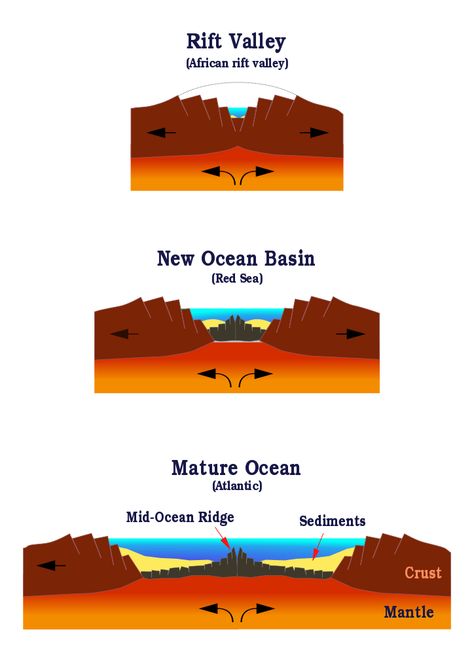 Diagram of a rift valley's future evolution into a sea Rift Valley, African Continent, Plate Tectonics, Red Sea, A Sea, Ethiopia, Geology, Evolution