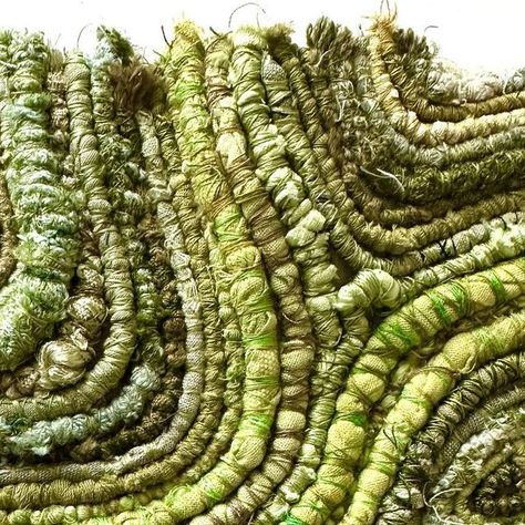 Julia Wright on Instagram: "Hand-dyed recycled fabrics, really enjoyed making this. The greens make me think of fresh new leaves, mowed lawns and sunny spring days #handdyed #yarn #fibres #threads #fibreart #stitch #wrappingandbinding #crochet #embroidery #textiles #mixedmediatextiles #weaving #handmade #dyedfabrics #mixedmedia #couching #naturalfibres #texture #markmaking #textileartist #textilesoninstagram #juliawright #contemporarytextiles #juliawrighttextiles #lichen #landscape #coastal # Decorative Techniques Textiles, Couching Textiles, Textiles Inspired By Nature, Sustainable Fabrics Textiles, Nature Textile Art, Fungi Textiles, Moss Textiles, Fungi Embroidery, Textile Leaves