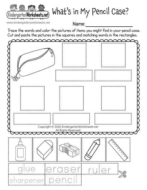 Kids can learn about what items are usually found in a student’s pencil case by completing an easy cut and paste activity. Children are asked to trace the words and color the pictures of various school supplies. Then they can match the pictures with the words. School Supplies Activities For Kids, Whats In My Pencil Case, Kindergarten Language Worksheets, What's In My Pencil Case, Thanksgiving Worksheets Kindergarten, Kindergarten Fall Worksheets, Kindergarten Grammar Worksheets, Halloween Worksheets Kindergarten, In My Pencil Case