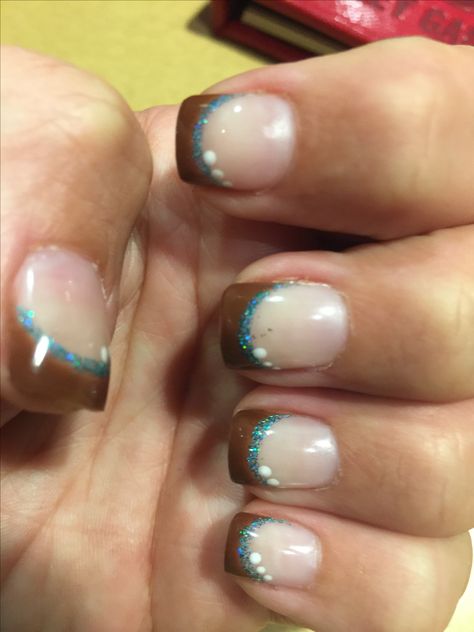 Western nails. Brown and teal tantrum! Loving them! Thanks Brittney at Reflections Day Spa in Lacombe Alberta! Western Nails Brown, Brown And Teal Nails, Teal And Brown Nails, Nails 2000s, Western Nails, Blue French Tips, Teal And Brown, Teal Nails, Nails Brown