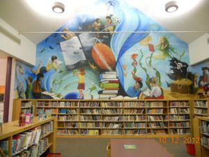 mural Painting Ideas For Library, Book Mural Ideas, Reading Mural, Classroom Murals, Library Murals, Library Mural, Library Artwork, Reading Areas, Wall Painting Ideas