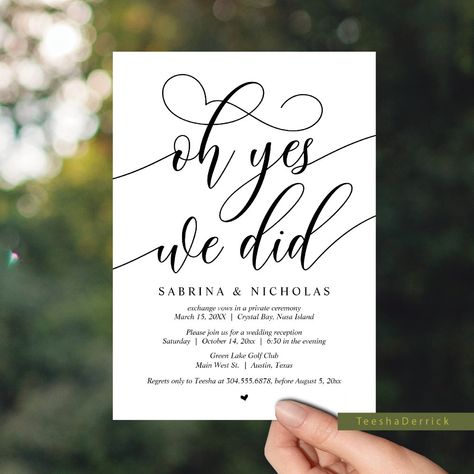 Wedding Elopement Party, Oh Yes, We Did Invitation We Got Hitched Reception Invitations, Outside Elopement, Suprise Wedding Party, We Do We Did We Eloped, Post Elopement Party Invitations, We Eloped Reception Invitations, Elopement After Party Ideas, Post Elopement Party Ideas, Wedding After Party Ideas