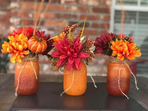 Fall Centerpiece With Mason Jars, Orange Mason Jar Centerpieces, Fall Flower Mason Jars, Fall Mason Jars Centerpieces, Fall Wedding Centerpieces Diy Table Centers Simple Mason Jars, Fall Flower Centerpieces Mason Jars, Fall Decorations Table Centerpiece Ideas, Fall Wedding Ideas October Centerpieces, Cheap Fall Wedding Decor