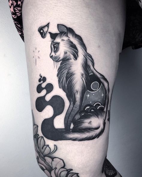 The observer 👁 tahliaundarlegt@gmail.com Ghost And Black Cat Tattoo, Cat And Bat Tattoo, Creepy Cat Tattoo, Creepy Cat Tattoo Design, Creepy Black Cat Tattoo, The Observer, The Ghost, Skull Tattoo, Art Tattoo