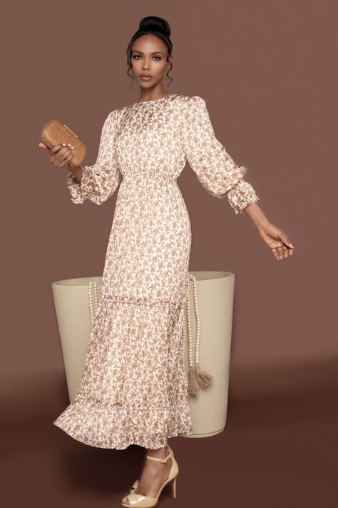 This maxi dress is crafted with luxe lurex threads, long flounce sleeves and a subtle beige and tan floral pattern. Its statement-making ruffles offer a graceful and romantic silhouette, perfect for special occasions. Features a round neckline and a hidden zipper in the back for closure. Simple Modest Outfits, Cute Dresses For Church, Modest Dress Outfits, Making Ruffles, Harvey Outfits, Romantic Silhouette, Conservative Outfits, Neutral Dress, Lurex Dress