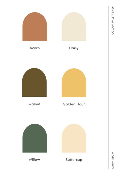 Warm sunny colour palette called Warm Glow. Made up of yellows, browns and a green. Walnut Brown Color Palette, Brown And Yellow Colour Palette, Yellow Bedroom Palette, Golden Yellow Palette, Yellow Colour Palette Shades, Acorn Color Palette, Walnut Colour Palette, Yellow Branding Palette, Yellow Gold Color Palette