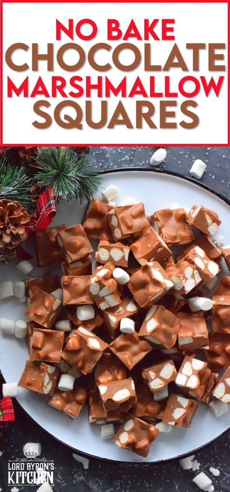 Holiday Marshmallow Treats, No Bake Chocolate Marshmallow Squares, Christmas Baking With Marshmallows, Carmel Marshmellow Treats, Marshmellow Chocolate Desserts, Xmas Marshmallow Treats, Mini Marshmellow Recipes Desserts, Christmas Baking Marshmallow, What To Do With Mini Marshmallows