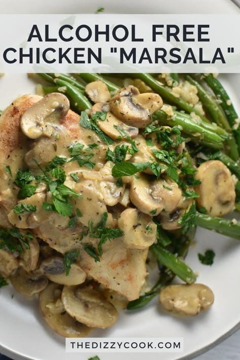 Chicken Marsala can still taste great without the wine! This recipe has no alcohol, can be made gluten free, and is still super flavorful with the addition of herbs and garlic. Chicken Marsala No Wine, Chicken Marsala Without Wine, Chicken In Mushroom Cream Sauce, Chicken Marsala Crockpot, Migraine Recipes, Easy Chicken Marsala Recipe, Headache Diet, Easy Chicken Marsala, Dizzy Cook