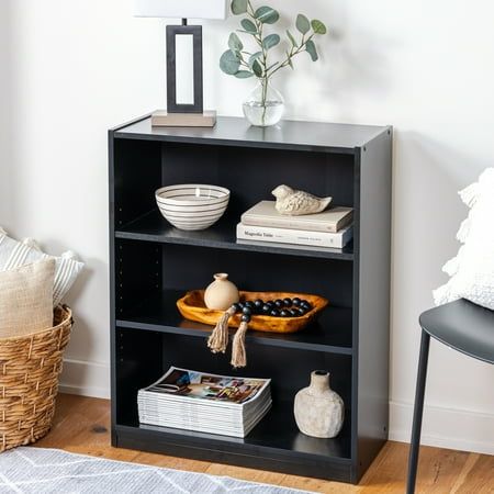 Mainstays 3-Shelf Bookcase with Adjustable Shelves, True Black Oak Walmart Mainstays, Short Bookshelf, Bookshelves Aesthetic, 3 Shelf Bookcase, 4 Shelf Bookcase, Living Room Family, Small Bookshelf, Small Bookcase, Black Shelves