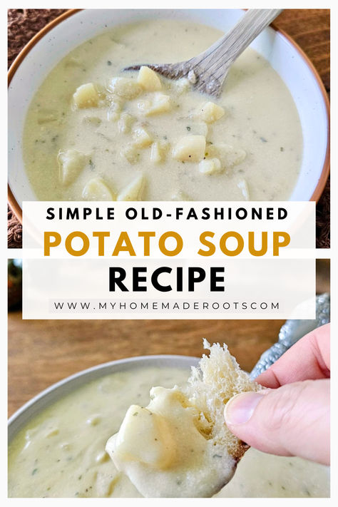 Warm up with a bowl of simple, old-fashioned potato soup! This classic recipe is creamy, comforting, and made with just a few basic ingredients. Perfect for chilly days or a nostalgic meal, this easy-to-make soup brings back the taste of grandma's kitchen. #PotatoSoup #ComfortFood #OldFashionedRecipes #HomemadeSoup #EasyMeals #NostalgicCooking Potato Soup Made With Cream Cheese, Best Potato Soup Ever, Brown Flour Potato Soup, Moms Potato Soup, Creamy Red Potato Soup, Simple Baked Potato Soup, Potato Soup From Instant Potatoes, 3 Ingredient Potato Soup Easy, Buttermilk Soup Recipes