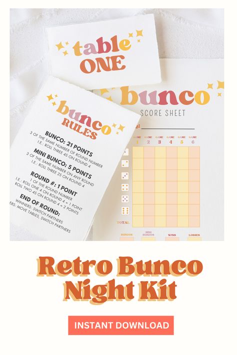 Retro, 70s theme Bunco score cards, tally sheets, rules and more with a groovy font in yellow, pink, red and orange colors. Themed Bunco Parties, Bunco Rules Printable, Bunco Invitations, Bunco Themes Ideas, Bunco Score Sheets Printable Free, Bunko Themes, Bunco Party Ideas, Bunco Rules, Bunco Party Themes