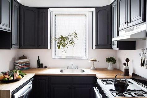 Trending on Remodelista: Harvest Week Butcher Block Kitchen Countertops, Small U Shaped Kitchen, Kitchen Facelift, Brown Laminate, Before After Kitchen, Серая Кухня, Kitchen Ikea, White Kitchen Tiles, Butcher Block Kitchen