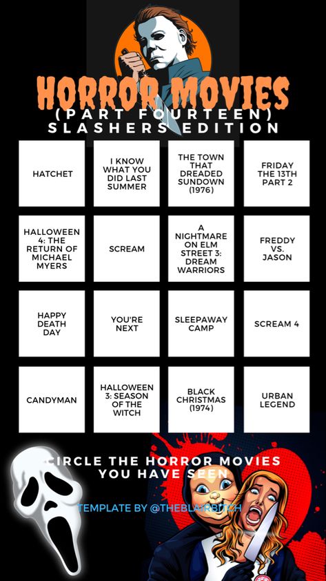 Horror Movie Bingo (Part Fourteen Slashers Edition) Instagram Story Template Halloween Movie Bingo, Slasher Movies List, Summer Horror Movies, Horror Movie Bingo, Horror Movie Challenge, Bingo Movie, Horror Movie Room, Scary Movie List, Movie Bingo