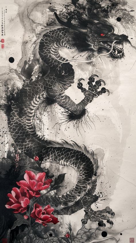 Traditional Japanese Art of Dragon and Flowers Dragon Print Aesthetic, Dragon Japanese Art, Traditional Japanese Art Style, Japanese Dragon Art, Japanese Ink Art, Traditional Japanese Dragon, Japanese Dragons, Japanese Style Art, Fantasy Dragon Art