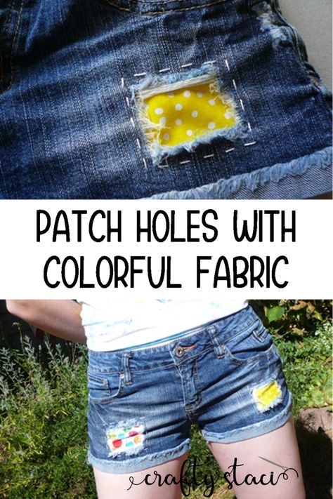 How To Patch Jeans With Fabric, Patching Jeans With Fabric, How To Patch Holes In Jeans, Patch Holes In Jeans, Patching Holes In Jeans, Patching Jeans, Patched Shorts, Holes In Jeans, Patched Jeans Diy