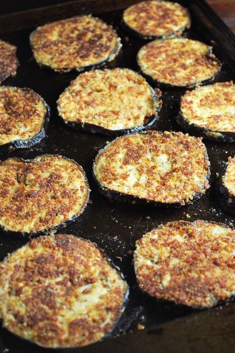 This easy Crispy Baked Eggplant is the best way to make crispy eggplant slices with healthier, gluten-free ingredients. Great as a snack, appetizer, or used to make eggplant parmesan and eggplant mozzarella stacks. Baked Eggplant With Mozzarella, Recipes Without Cheese, Oven Fried Eggplant, Healthier Sides, Crispy Baked Eggplant, Eggplant Mozzarella, Baked Eggplant Recipes, Fried Eggplant Recipes, Baked Eggplant Slices