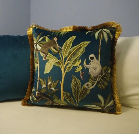 Vintage Retro Inspired Tropical Monkeys Jungle Scene Golden | Etsy Tropical Cushion, Motif Jungle, Tropical Luxury, Green Velvet Pillow, Leaf Animals, Jungle Scene, Animal Cushions, Monkey Pattern, Rectangle Pillow