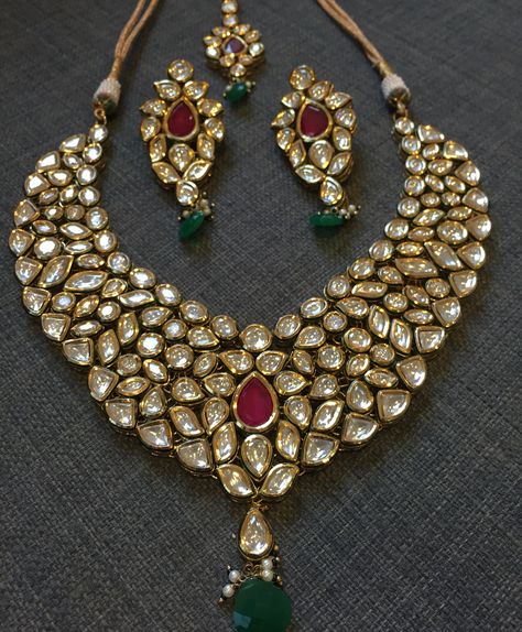 Kundan Gold Plated Set with Ruby Style Stones in Invisible Setting by Anayah… Real Kundan Jewellery Gold, Kundan Sets Indian Jewelry Gold, Kundan Jewellery Set Simple, Kundan Set Design, Kundan Gold Jewellery, Gold Kundan Jewellery, Jaipuri Jewellery, Jewellery Set Design, Simple Bridal Jewelry