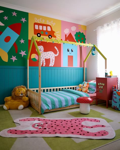 Charlie’s big boy room 🚀🐶🚌🏡🎨✨💘 Loved so much transforming his nursery into this magical toddler room! Let this also be a reminder that there’s no such thing as a boy or girl colour 🌈 #toddlerroom #kidsinteriors Nursery Design Colorful, Rainbow Fish Nursery, Nursery Primary Colors, Bright Colorful Nursery Ideas, Colourful Toddler Room, Colorful Baby Room Ideas, Aesthetic Toddler Room, Colourful Baby Room, Little Boy Room Ideas Toddlers