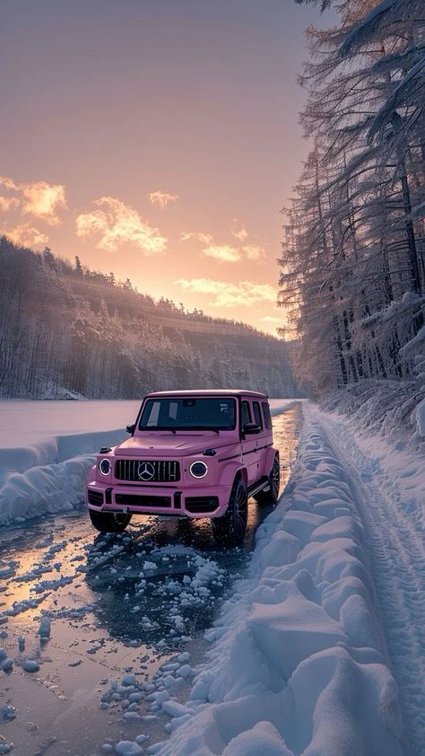 Car Snow Aesthetic, Pink Winter Aesthetic Wallpaper, Cars In Snow, Car In Snow, Am Wallpaper, Brabus G63, Pink Mercedes, Pink Range Rovers, Car Names