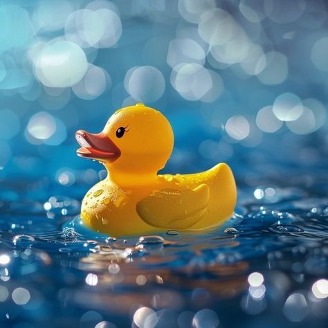 This captivating image features a cheerful yellow rubber duck floating on the surface of sparkling blue water. The backdrop of shimmering light reflections creates a dreamlike atmosphere, emphasizing the playful and lighthearted nature of the subject. The water droplets on the duck add a realistic touch, making it a vivid and engaging scene that evokes feelings of joy and nostalgia for simpler times. Rubber Duck Photography, Duck Photography, Duck In Water, Broken Pencil, Duck Float, Yellow Rubber Duck, Art 2024, Paint Inspiration, Duck Toy