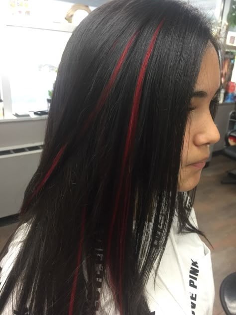 One Strand Of Color In Hair Behind Ear, One Hair Strand Dyed, One Strand Dyed Hair, Underdye Hair Black, Summer Hair Dye Ideas For Brunettes, Dyed Strands Of Hair, One Strand Of Hair Dyed, Red Strands In Hair, Colored Streaks In Hair