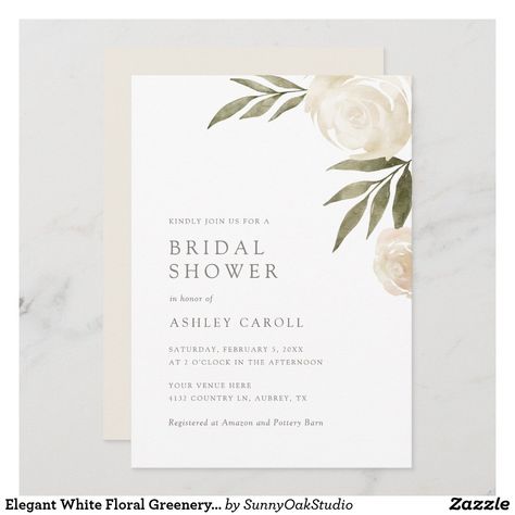 Elegant White Floral Greenery Bridal Shower Invitation Reception Invitation, White Roses Wedding, Wedding Rehearsal Dinner Invitations, Wedding Reception Invitations, Rose Wedding Invitations, Elegant Bridal Shower, Floral Greenery, Reception Invitations, Country Wedding Invitations