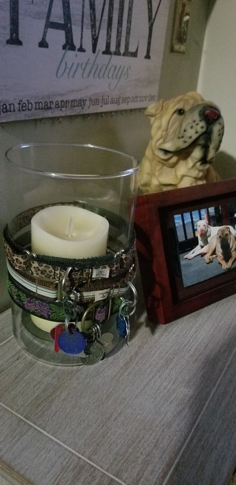 Pet Collar Memorial Ideas, Pet Collar Memorial, Dog Memorial Shelf, Dog Cremation Ideas Pet Ashes, Dog Collar Memorial Ideas Diy, Home Memorial Ideas Display, Dog Collar Memorial Ideas, Diy Pet Memorial Ideas, Dog Prayer