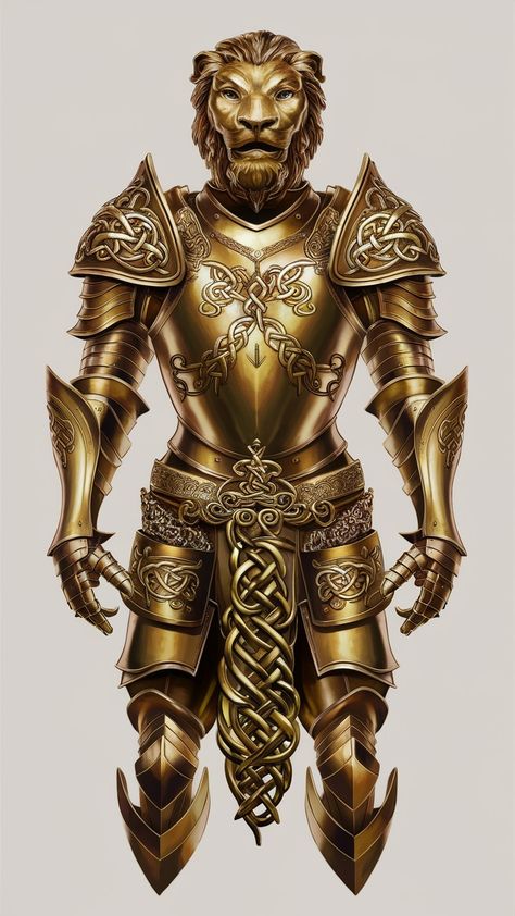 Lion Helmet, Lion Armor, Golden Armour, Lion Knight, Fantasy Universe, Golden Lions, D D Items, Arm Armor, Golden Knights