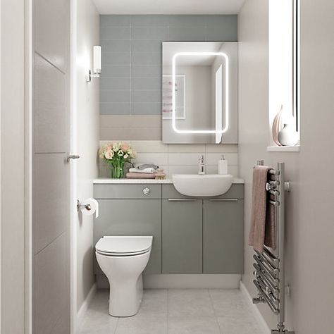 Wickes Vienna Grey Gloss Floor Standing or Wall Open Storage Unit - 300 mm | Wickes.co.uk Toilet And Sink Unit, Small Downstairs Toilet, Fitted Bathroom Furniture, Ensuite Shower Room, Small Bathroom Layout, Small Toilet Room, Downstairs Toilet, Fitted Bathroom, Small Bathroom Makeover