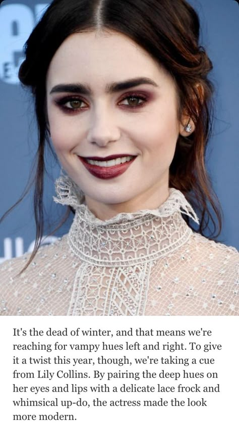 Vamp Makeup, Burgundy Shades, Makeup Celebrity, Vampy Makeup, Vampire Makeup, Celebrity Makeup Looks, Winter Makeup, Deep Burgundy, Lily Collins