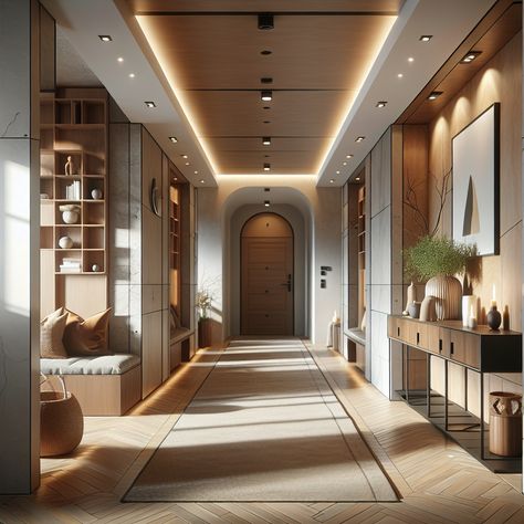 The hallway should feature key elements of Italian interior design such as warm earth tones, natural materials like stone or wood and handcrafted furniture. The lighting should be soft and inviting, highlighting the architectural details of the space. It should also show a balance between function and aesthetics, with plenty of storage options and artwork to create a personal touch. This image may serve as an inspiration for a home remodeling project. Modern Hallway Design, Hallway Design Ideas, Hallway Entrance, Hallway Inspiration, Hallway Design, Living Room Corner, Room Corner, Modern Hallway, Galaxy Phone Wallpaper