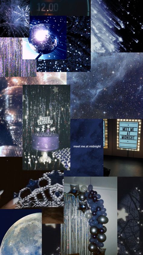 Starry Night Formal, Starfall Wedding, Prom Themes Starry Night, Aquarius Party, 21 Birthday Aesthetic, Dark Blue Quince, Under The Stars Sweet 16, Midnight Birthday, Acotar Party