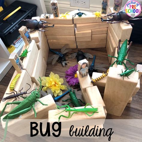 Bug blocks building! Bug themed activities and centers for preschool, and kindergarten (freebies too)! Perfect for spring, summer, or fall! #bugtheme #insecttheme #preschool #prek #kindergarten Bugs Kindergarten, Bug Exploration Preschool, Bug Provocations Preschool, Insect Block Center Preschool, Mini Beasts Activities, Bug Provocation, Bugs Unit Kindergarten, Preschool Insects Activities, Bugs And Insects Preschool Reggio