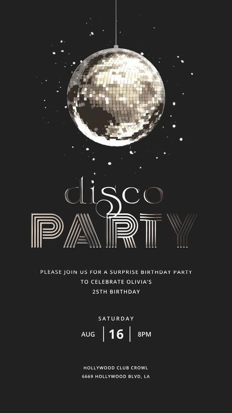 Disco Party Invitations Printable Free, Gif Invitation Design, 70s Disco Party Invitations, Birthday Party Card Invitation Aesthetic, Disco Theme Party Invitations, Invitation Disco Party Birthday, 40th Disco Party, Disco Birthday Party Invitations, Disco Invitations Ideas