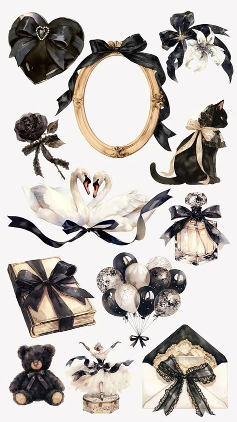 Image Editing Ideas, Black Portfolio Design, Black Vintage Aesthetic, Coquette Watercolor, Mini Illustration, Gothic Stickers, Images Terrifiantes, Black Coquette, Coquette Design