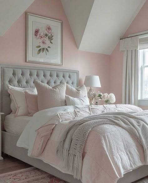 Grey Bedroom With Pink Accents, Pink And Grey Room Ideas Master Bedrooms, Pink And Gray Bedding, Feminine Coastal Bedroom, Pale Pink Bedding, Pale Pink Girls Bedroom, Grey Pink And White Bedroom Ideas, Gray Pink And White Bedroom, Grey White And Pink Bedroom