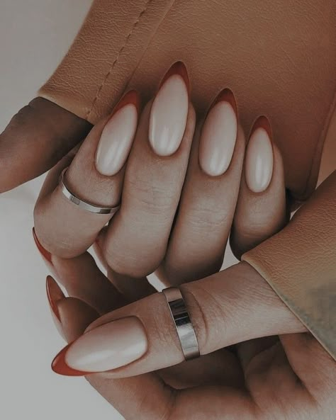 Matte Nails For Dark Skin, Half French Tip Nails Almond, Natural Almond Nails Fall, Pink And Red Almond Nails, Professional Almond Nails, Fall Oval Dip Nails, Mood Color Nails, Pedicure Ideas Fall Toenails, Rusty Orange Nails