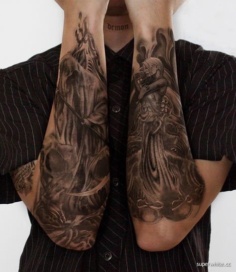 Lower sleeves Good And Evil Tattoos, Graveyard Tattoo, Black And Grey Tattoos Sleeve, Good Vs Evil, Evil Tattoo, Grim Reaper Tattoo, Reaper Tattoo, Evil Tattoos, Tattoo Reference