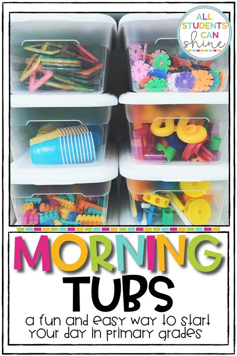 1st grade morning tubs can be a fun and easy way to start the day in your primary classroom. Students can tinker with magnetic tiles, building blocks and other tools as part of their morning work. Morning Bin Activities, Busy Bin Ideas Kindergarten, 1st Grade Stem Bins, Morning Busy Bins, Preschool Morning Tubes, Morning Centers 1st Grade, Centers For Elementary Classroom, 1st Grade Classroom Activities, Start Of School Year Ideas Kindergarten