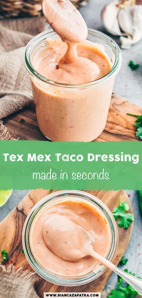 Tex-Mex Taco Sauce (Sriracha Mayo) A quick and easy recipe for a spicy Mexican-style Tex-Mex taco sauce - This creamy salad dressing with vegan mayo, ketchup, sriracha and lime juice is perfect as a sauce, dressing or dip for fresh salads, tacos, burritos, wraps, Buddha bowls and more! Taco Bowl Sauce Recipe, Taco Salad Sauce Recipe, Mexican Mayo Sauce, Mexican Bowl Sauce, Mexican Inspired Salad Dressing, Tex Mex Sauce Recipes, Healthy Mexican Salad Dressing, Sauce For Taco Bowls, Taco Salad Sauce