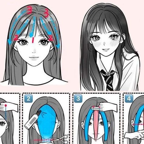 How To Draw Wispy Bangs, Drawing Bangs Tutorial, Drawing Bangs Hairstyles, How To Draw Bangs Hairstyles, Eight Character Bangs, Bangs Drawing Tutorial, Hair Drawing Bangs, Bangs Tutorial Drawing, Hairstyle Wispy Bangs