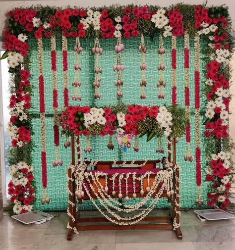 decor by Sangam cine decorator 9666447331 9338349999 Indian Cradle Ceremony Decoration, Uyala Function Decoration, Barasala Decoration Ideas, Barasala Backdrop Decoration, 21st Day Decoration Ideas Indian, Barasala Photos, Baby Cradle Decoration Indian, Cradle Ceremony Decorations Indian, Naming Ceremony Background